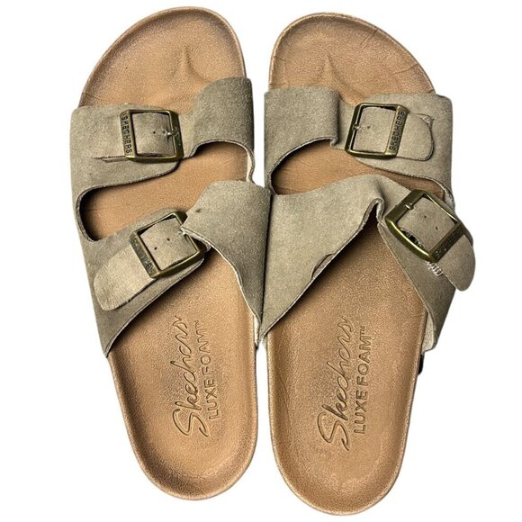 Skechers Women's 9 Double Buckle Faux Leather Slide Sandals Taupe Comfort Foam‎ - Picture 4 of 7